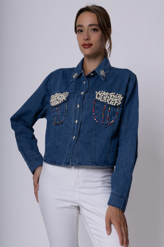 Giacca jeans con perle e gemme