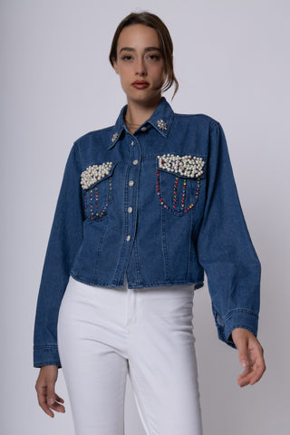 Giacca jeans con perle e gemme
