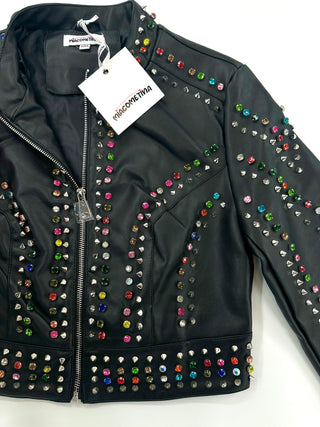 Giacca ecopelle con borchie e diamanti colorati