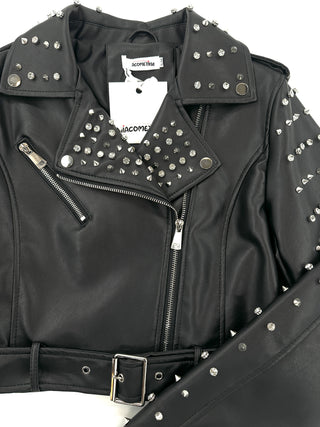 Giacca ecopelle con borchie metalliche e diamanti