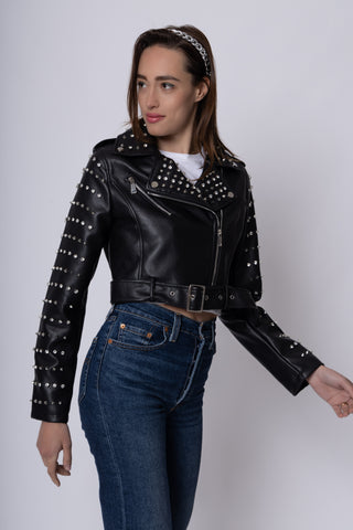 Giacca ecopelle con borchie metalliche e diamanti