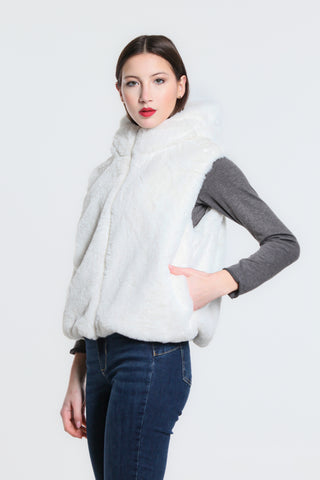Gilet di pelliccia di coniglio sintetica con cappuccio